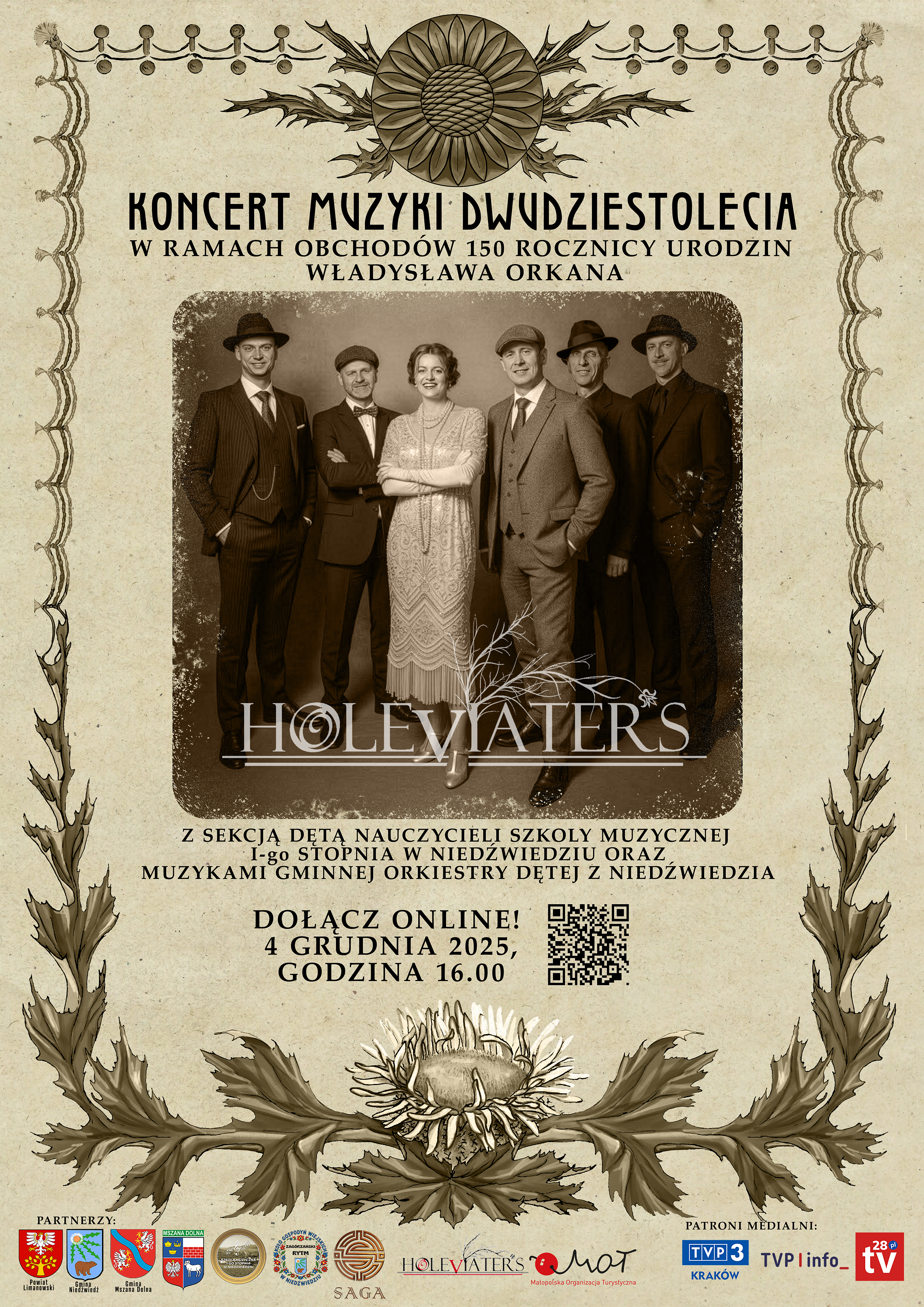 W programie przewidziano m.in.: prezentację IV tomu listów Władysława Orkana, koncert muzyki dwudziestolecia w wykonaniu zespołu Holeviaters, z udziałem sekcji dętej nauczycieli Szkoły Muzycznej I stopnia w Niedźwiedziu oraz muzyków Gminnej Orkiestry Dętej z Niedźwiedzia, występy tematyczne oraz panel dyskusyjny. Wydarzenie będzie transmitowane online. Transmisja dostępna będzie na: www.niedzwiedz.iap.pl www.gbiokniedzwiedz.pl profilu Facebook Gminnej Biblioteki i Ośrodka Kultury w Niedźwiedziu. Serdecznie zachęcamy do udziału w wydarzeniu oraz dołączenia do transmisji.